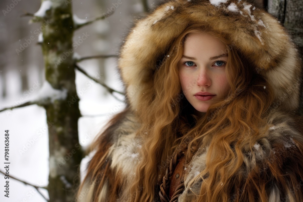 a woman in a fur coat with a hood a woman in a fur coat with a hood