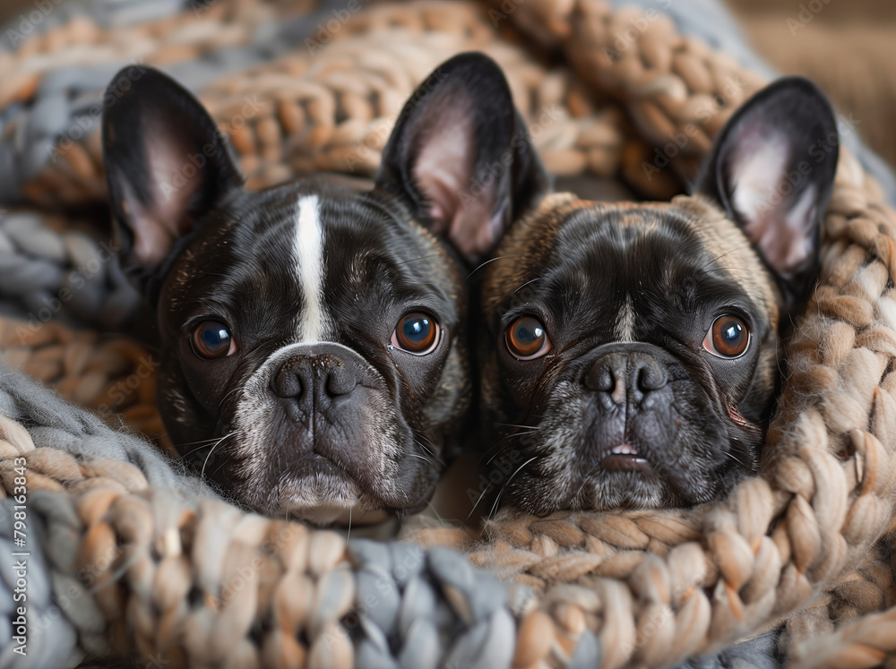 Adorable French Bulldogs: Happy Duo with Black and White Fur Adorable French Bulldogs: Happy Duo with Black and White Fur
