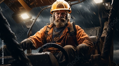 b'A Bearded Man In A Hard Hat Operates Heavy Machinery In The Rain'