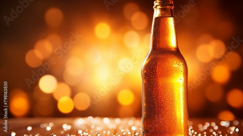b'Close-up of a single amber beer bottle with condensation against an orange background'