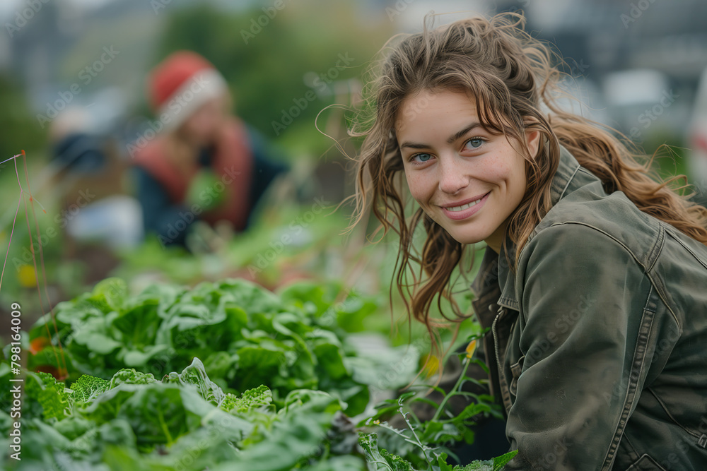 cute woman and friends growing vegetables in community garden, rooftop organic food production cute woman and friends growing vegetables in community garden, rooftop organic food production