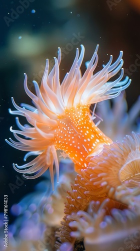b'A close up image of a pink and white anemone with its tentacles extended' photo