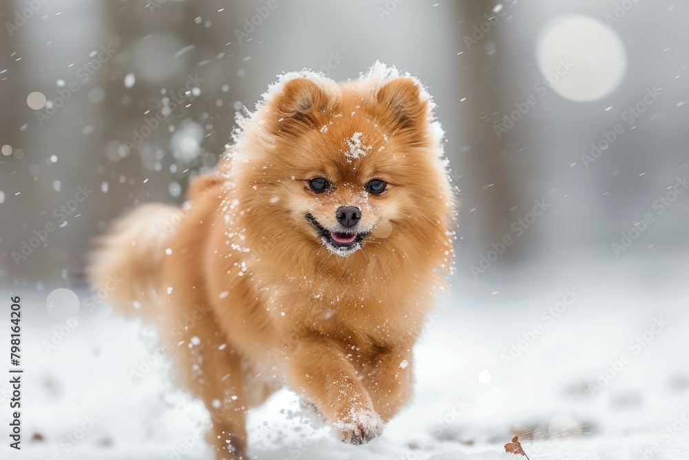 b'A happy Pomeranian dog running in the snow' b'A happy Pomeranian dog running in the snow'