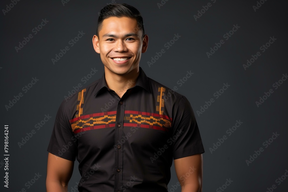 b'Portrait of a smiling young Filipino man in a traditional shirt'