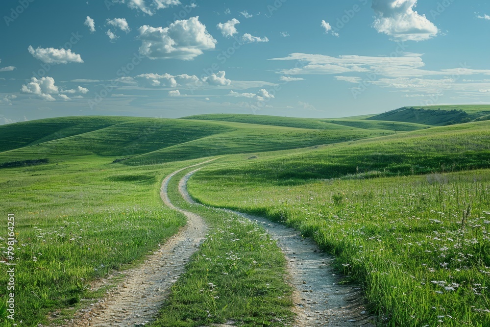 b'The dirt road through the green hills'