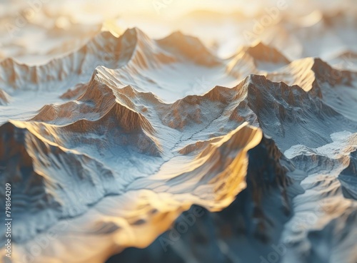 A 3D rendering of a mountain range with a river running through it photo