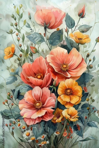A delicate watercolor painting depicts a bouquet of assorted flowers © dashtik