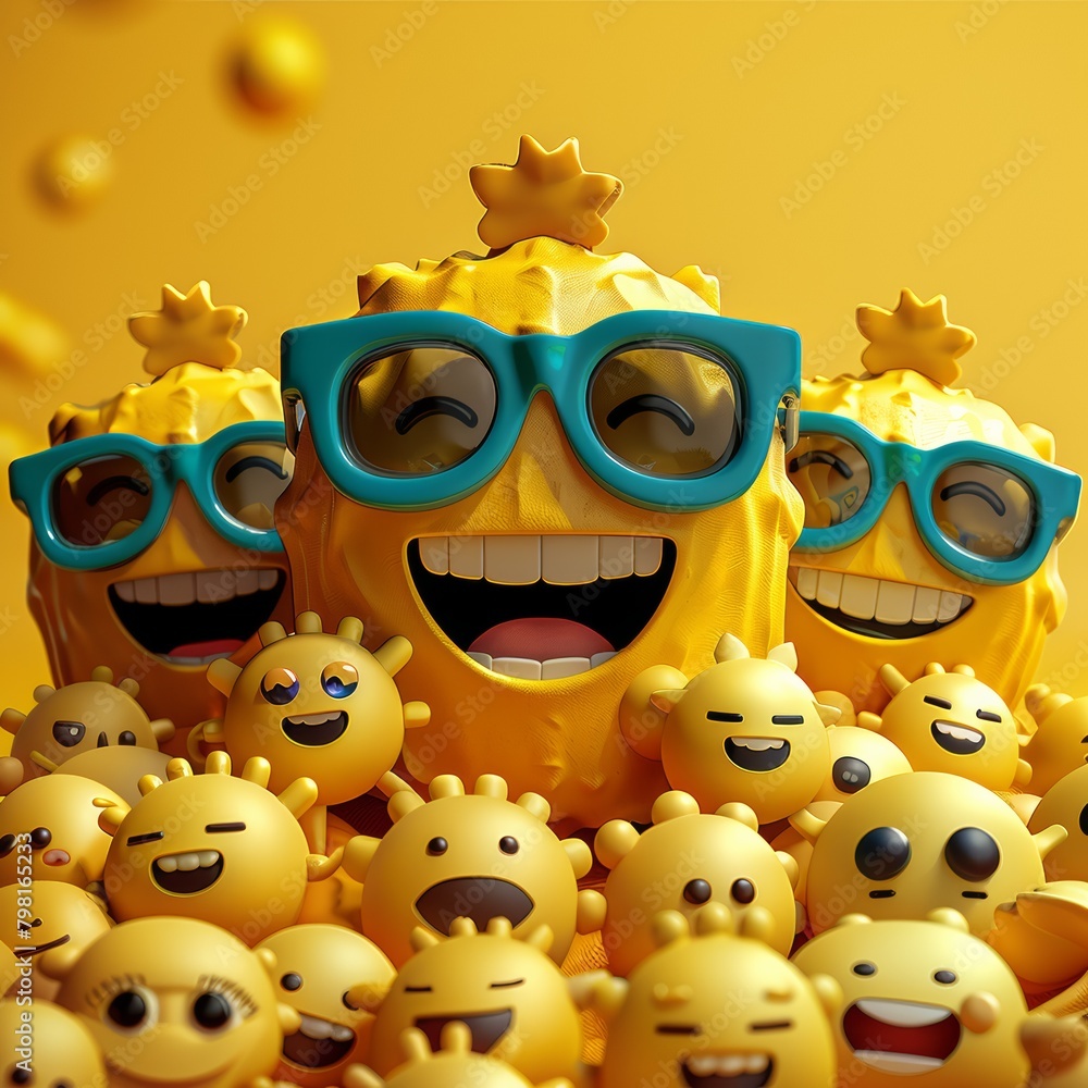 Colorful 3D Emojis with Sunglasses Sharing Joy in a Cheerful Crowd