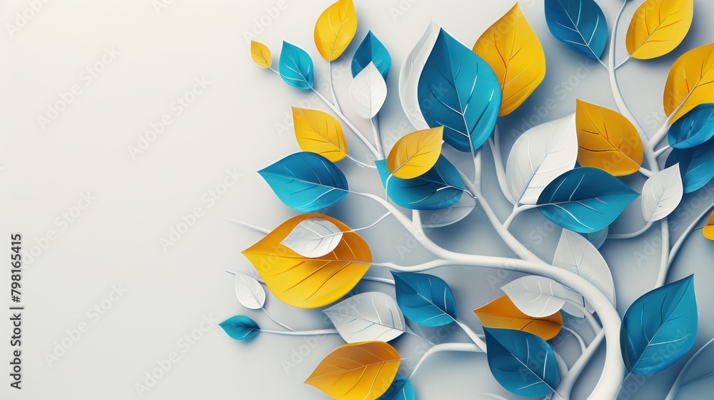 Fototapeta premium White tree branch with yellow, blue and white leaves on a white background