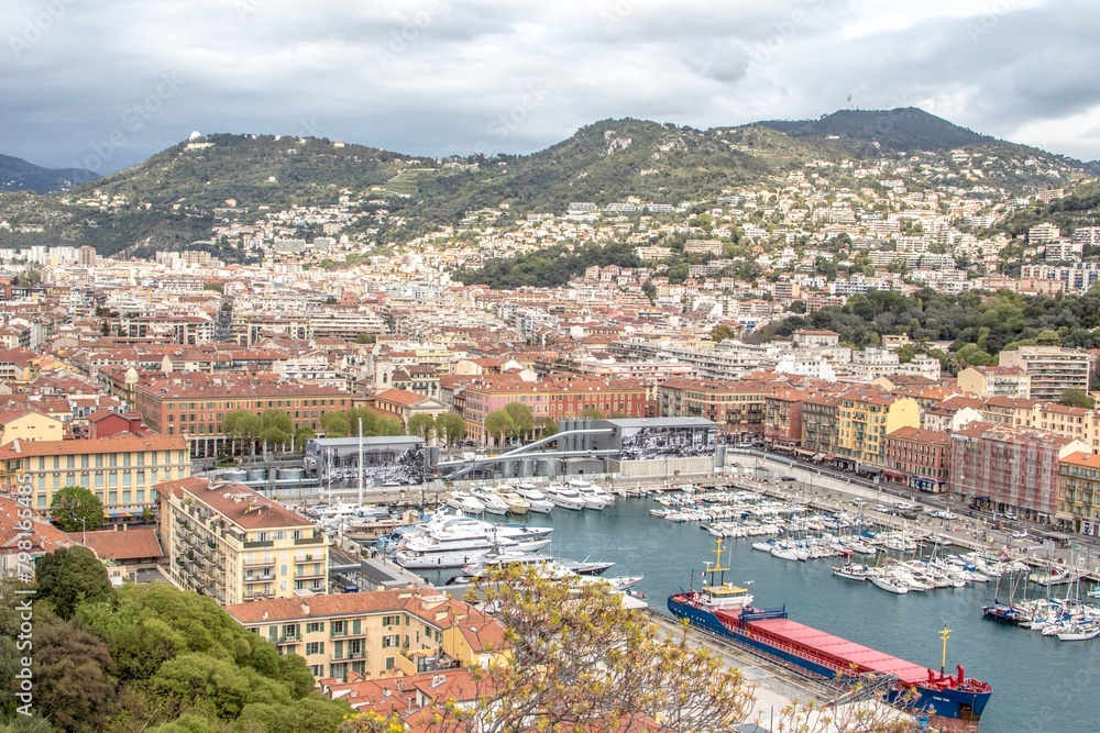 Fototapeta premium Harbour Town, City with Skyscrapers, Touristic Downtown with Yachts, Ocean view fro the city 
