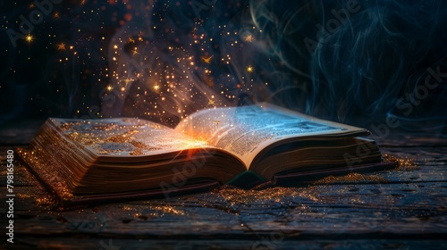 Mystery open book with shining light. Fantasy book with magic light and stars on a table with black background and copy space