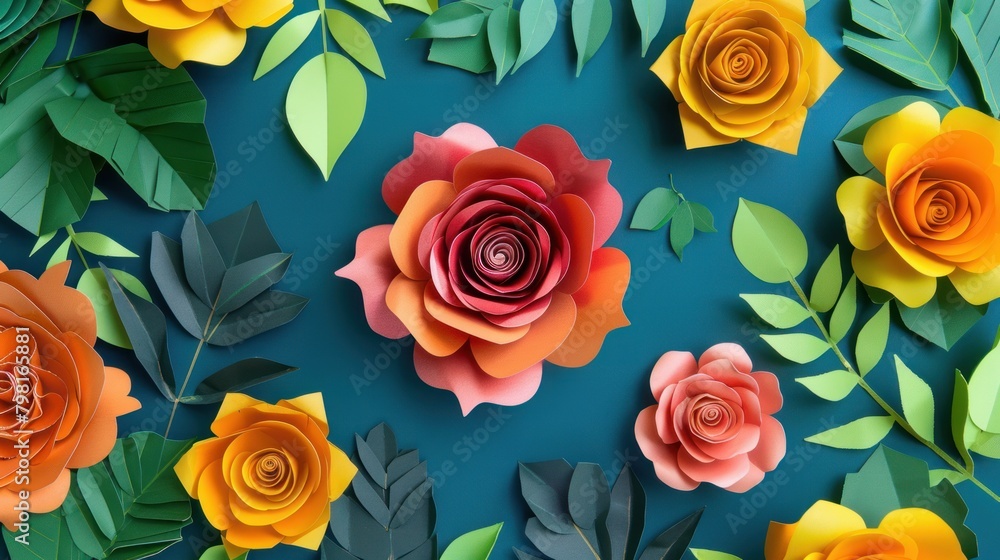 Yellow and red paper roses, branches with green leaves on a blue background