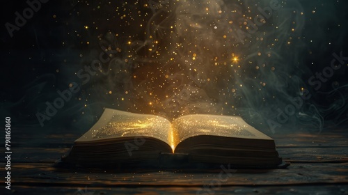 Mystery open book with shining light. Fantasy book with magic light and stars on a table with black background and copy space