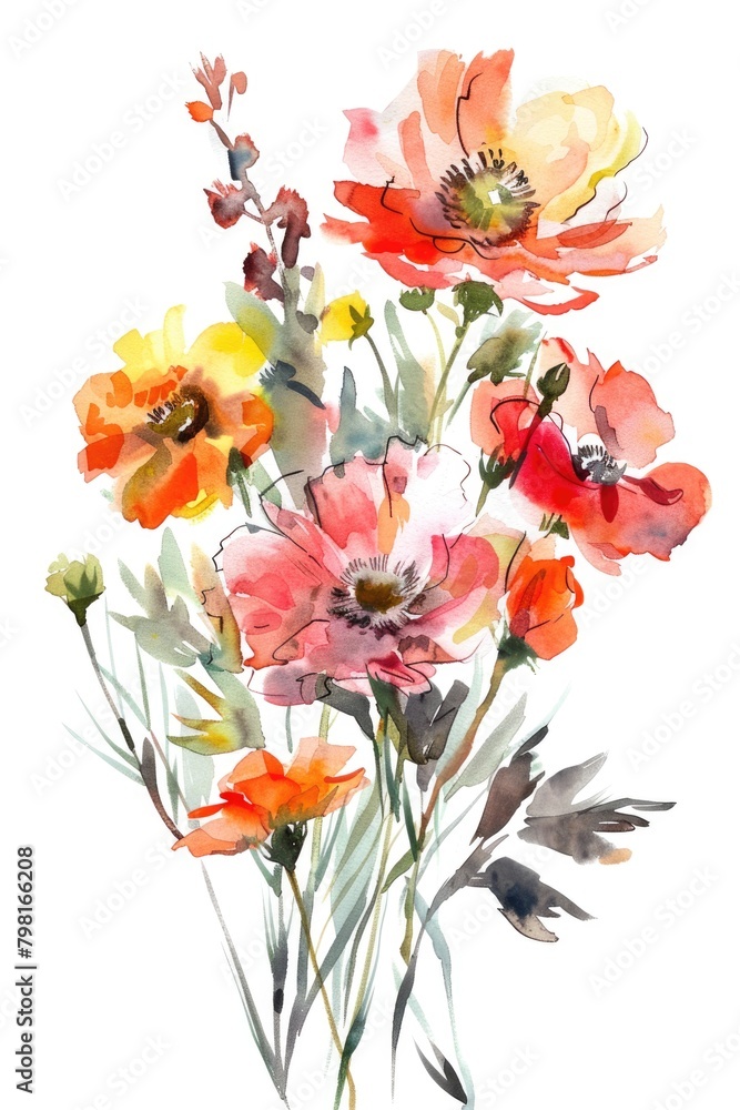 A delicate watercolor painting depicts a bouquet of assorted flowers A delicate watercolor painting depicts a bouquet of assorted flowers