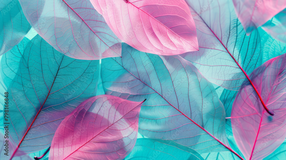 artistic overlay of transparent skeleton leaves in turquoise and pink colors for elegant backgrounds