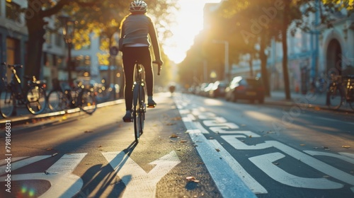 A woman is riding a bicycle down a street photo