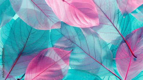 artistic overlay of transparent skeleton leaves in turquoise and pink colors for elegant backgrounds