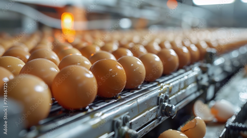 A conveyor belt with many eggs on it A conveyor belt with many eggs on it