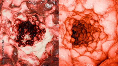 Colorectal cancer, malignant tumor in intestine, Endoscope inside colonoscopy, gut intestine, Colon polyp removal, inflammatory bowel Disease,  intestinal carcinoma, bowel neoplasia, 3d render