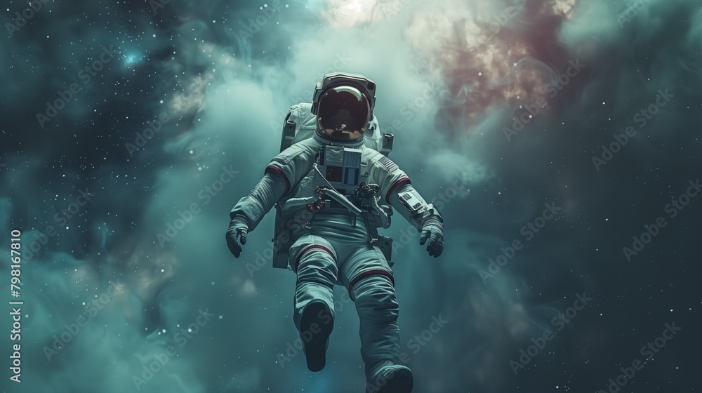 Fototapeta premium Astronaut in space suit floating in zero gravity