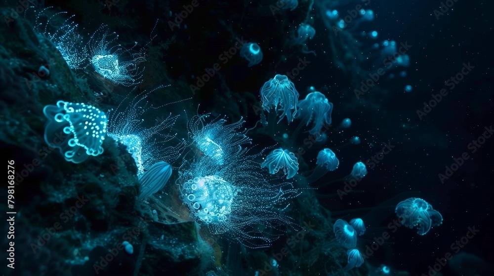 Fototapeta premium Bioluminescent organisms in a dark ocean environment