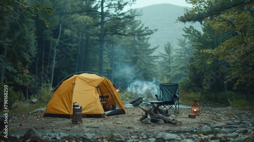 A yellow tent is set up in the woods with a chair and a fire pit