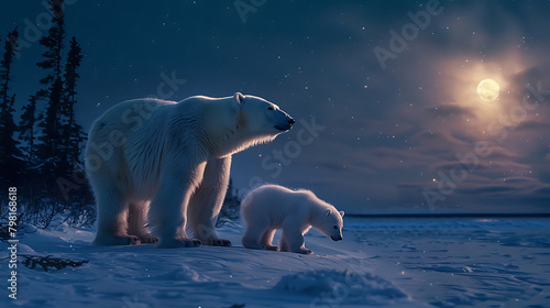 A polar bear mother tenderly cares for her cub under the night sky  showcasing love  protection  and the serene beauty of Arctic wilderness