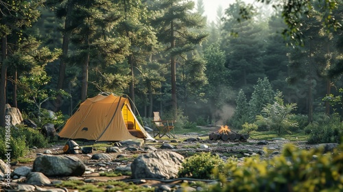 A yellow tent is set up in a forest with a fire burning nearby
