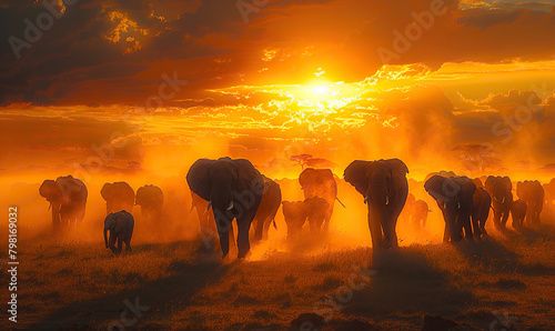 A herd of elephants walking in a line against a warm sunset backdrop. Generate AI