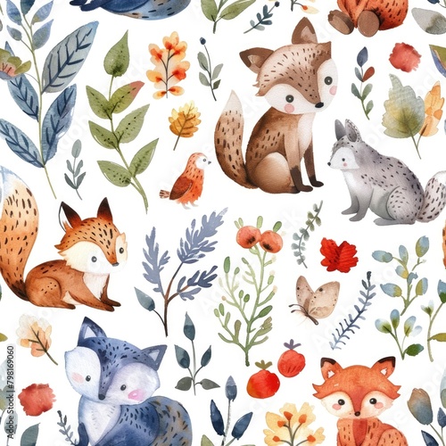 Whimsical Watercolor Animals and Nature Motifs Pattern