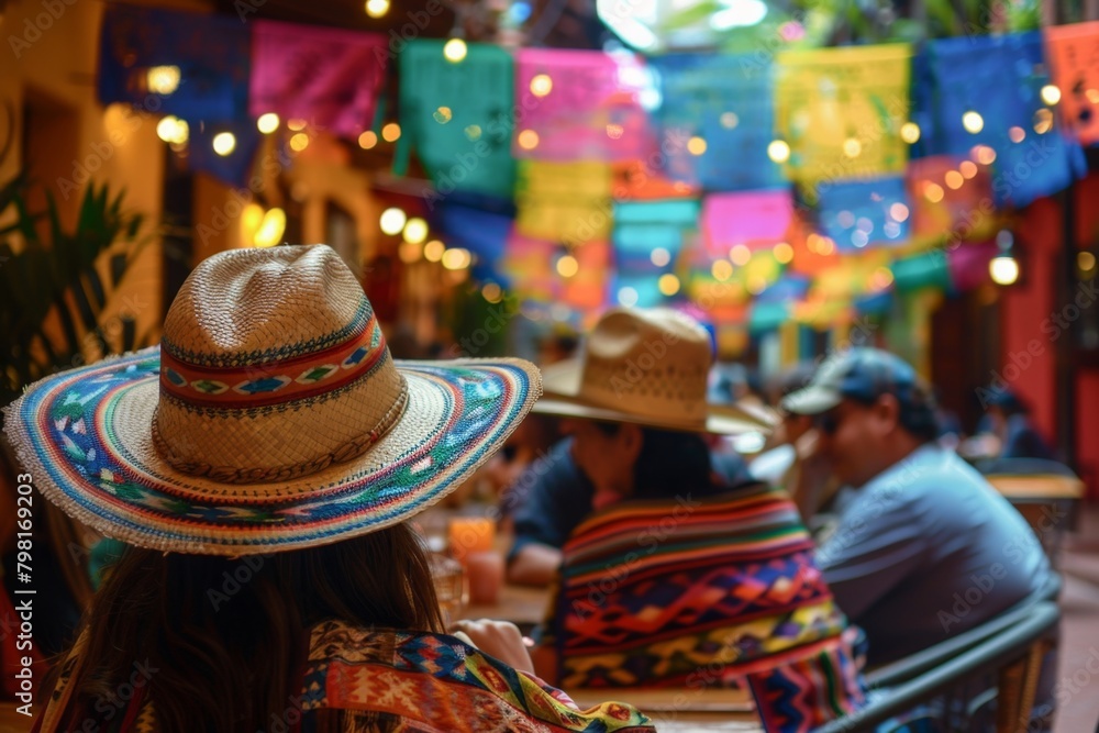 Patrons enjoy a lively atmosphere in a Mexican restaurant, donning traditional sombreros and colorful garments, with vibrant papel picado fluttering overhead, encapsulating the essence of a cultural f