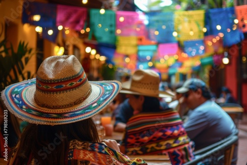Patrons enjoy a lively atmosphere in a Mexican restaurant, donning traditional sombreros and colorful garments, with vibrant papel picado fluttering overhead, encapsulating the essence of a cultural f
