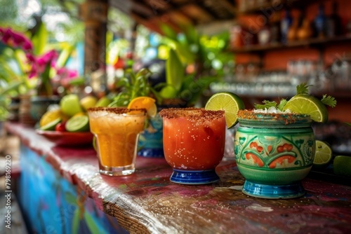 Chilled margaritas with a spiced rim, garnished with fresh lime, sit invitingly in front of a vibrant Mexican serape. The setting suggests a lively fiesta or a relaxed gathering with a taste of Mexica