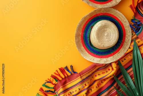Brightly colored Mexican sombrero hats and a striped serape blanket on a weathered blue wooden surface. Perfect for themes such as holidays, culture and travel. Banner