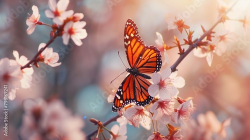A butterfly landing on a blooming cherry branch