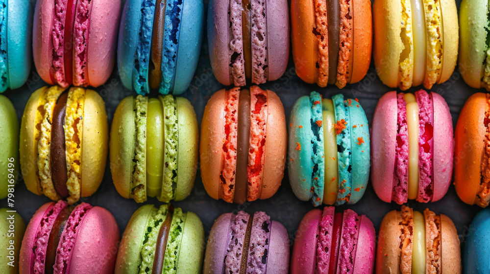 A lot of colorful french macaroons from directly above, top view background