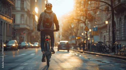 A man rides a bicycle down a city street photo