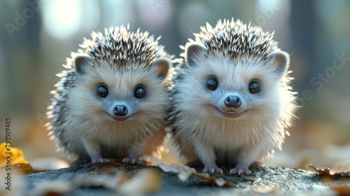 Cute hedgehogs cartoon 3d on the right side with blank space for text