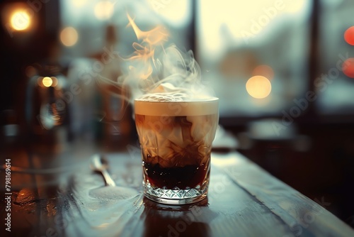 A photo of a fancy coffee drink with steam rising from it. There is a slight blur in the background  and the glass is sitting on a wooden table.