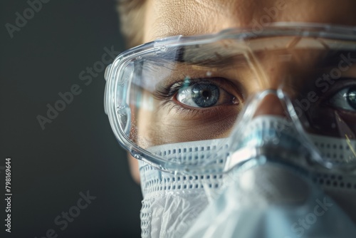 Close-Up of Scientist with Safety Glasses and Face Mask, Intense Focus and Protection