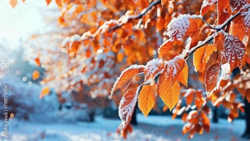 autumn leaves in the snow photo