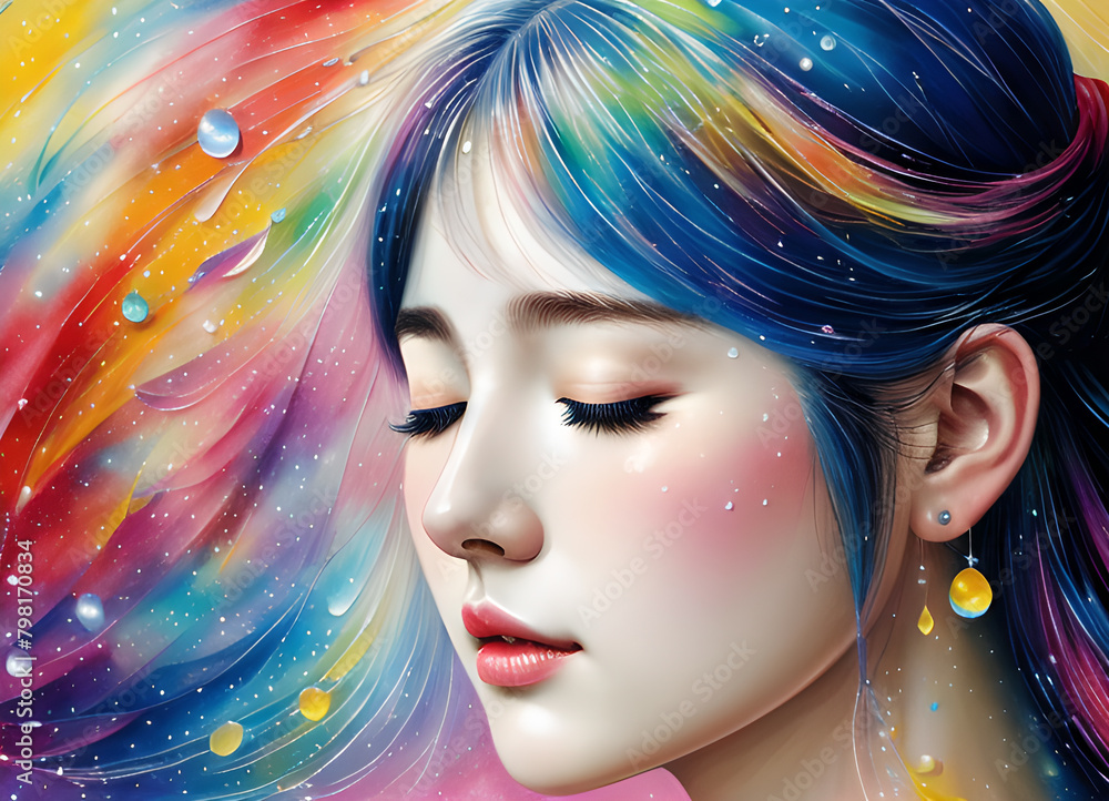 Girl with closed eyes, fantasy fairy tale bright colors dream, generative ai	