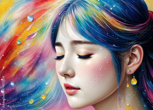 Girl with closed eyes, fantasy fairy tale bright colors dream, generative ai 