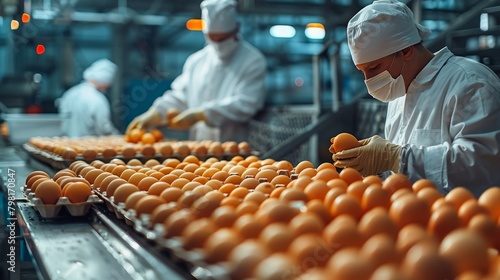 Two workers in white lab coats are handling oranges