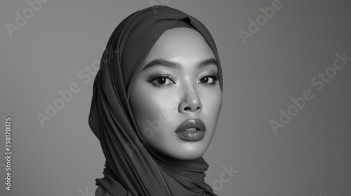 A beautiful muslim woman with hijab in black and white photo