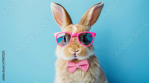 Funny easter concept holiday animal celebration greeting card - Cool easter bunny, rabbit with pink sunglasses and bow tie, isolated on blue background See Less 