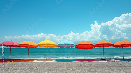 10. Sunny Seaside Retreat  On a sun-drenched coast  beachgoers seek refuge beneath vibrant umbrellas. Flip flops are kicked off as visitors unwind on beach mats  enjoying the sooth