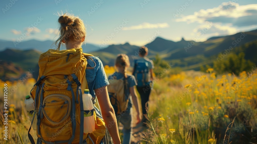 A woman and two children are walking through a field with yellow flowers A woman and two children are walking through a field with yellow flowers