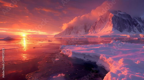 Icebergs at the North Pole glow under the setting sun's hues, a serene Arctic scene. Glacial beauty captured in twilight's embrace, a testament to nature's grandeur
