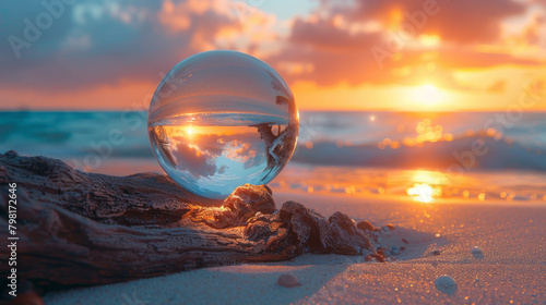 A crystal ball sits on a piece of driftwood on the beach at sunset.